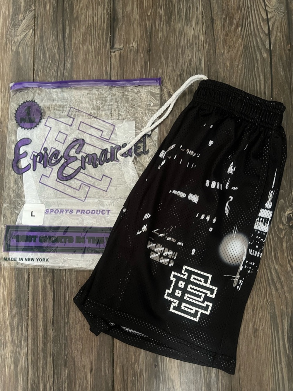 Eric Emanuel Black Mesh Athletic Shorts with White Graphic